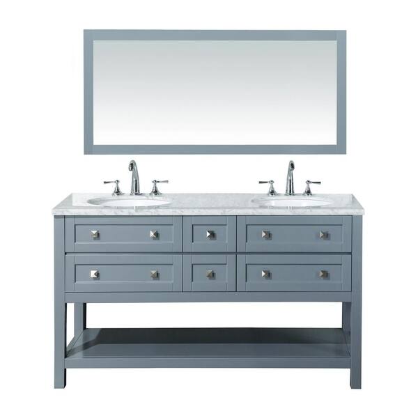 stufurhome Marla 60 in. W x 22 in. D Vanity in Grey with Marble Vanity Top in Carrara White with White Basins and Mirror