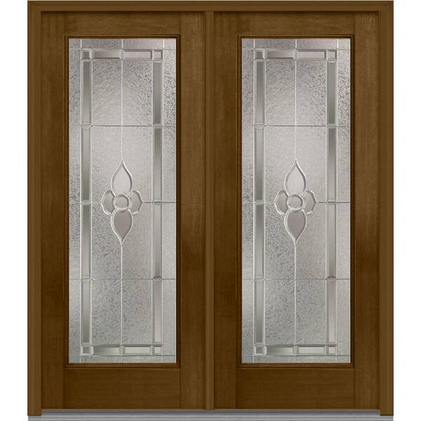 MMI Door 64 in. x 80 in. Master Nouveau Right-Hand Inswing Full Lite Decorative Stained Fiberglass Mahogany Prehung Front Door