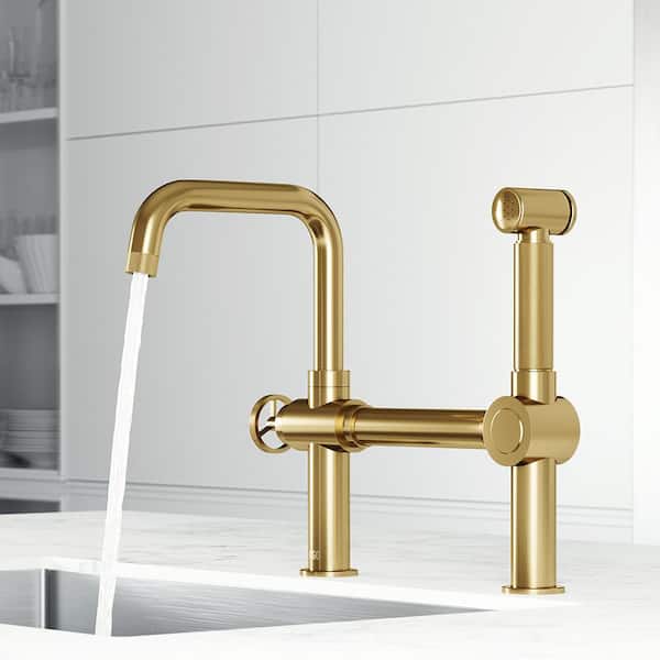 Cass Single-Handle High-Arc Widespread Bridge Kitchen Faucet with Pull-Out Side Sprayer in Matte Brushed Gold