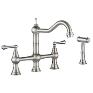 Double-Handle Bridge Kitchen Faucet with Side Sprayer in Brushed Nickel