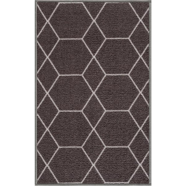 Hexagon Design Dark Gray Color 19.5 in. x 32 in. Polyamide Stair Tread Cover Matching Mat