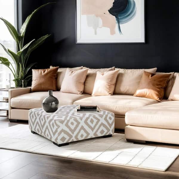 Benjara Brown, Ivory and Black Chenille Square Accent Ottoman Medium