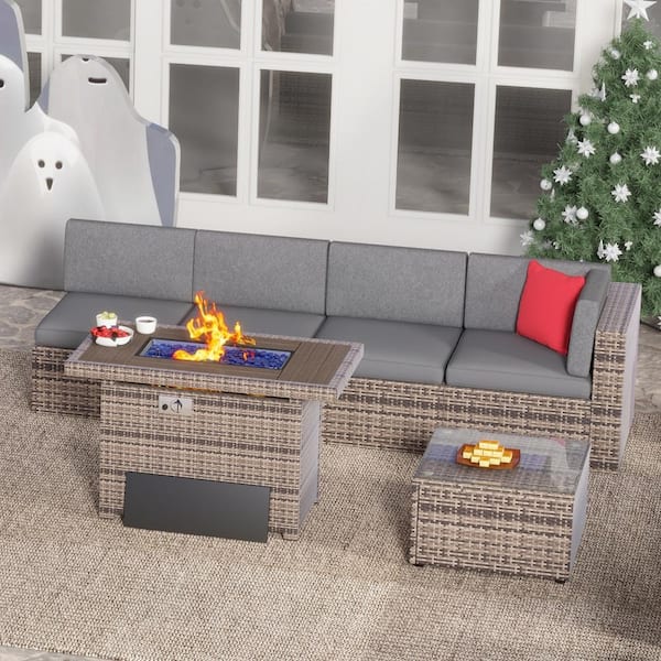 SUNMTHINK 6-Piece Gray Wicker Outdoor Patio Conversation Set with 44 in. Fire Pit and Beige Cushions