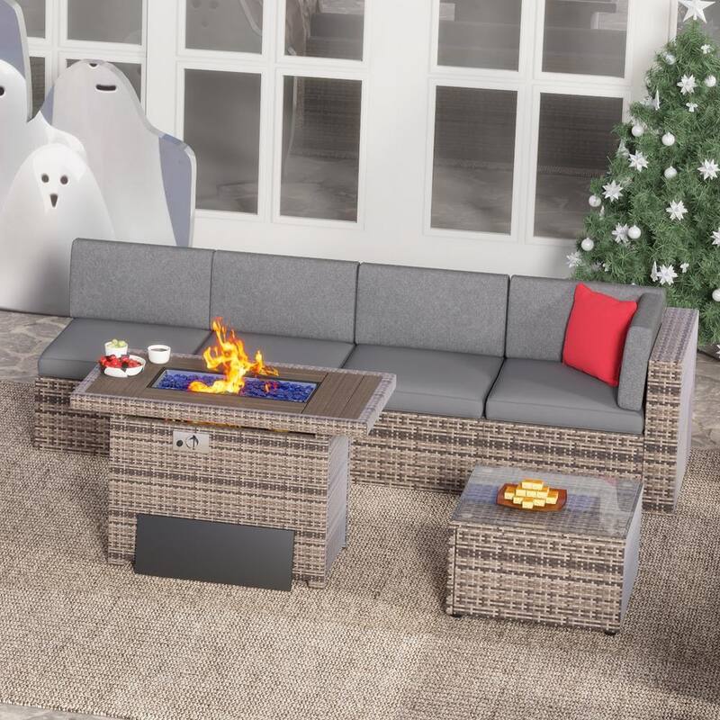 6-Piece Gray Wicker Outdoor Patio Conversation Set with 44 in. Fire Pit and Beige Cushions