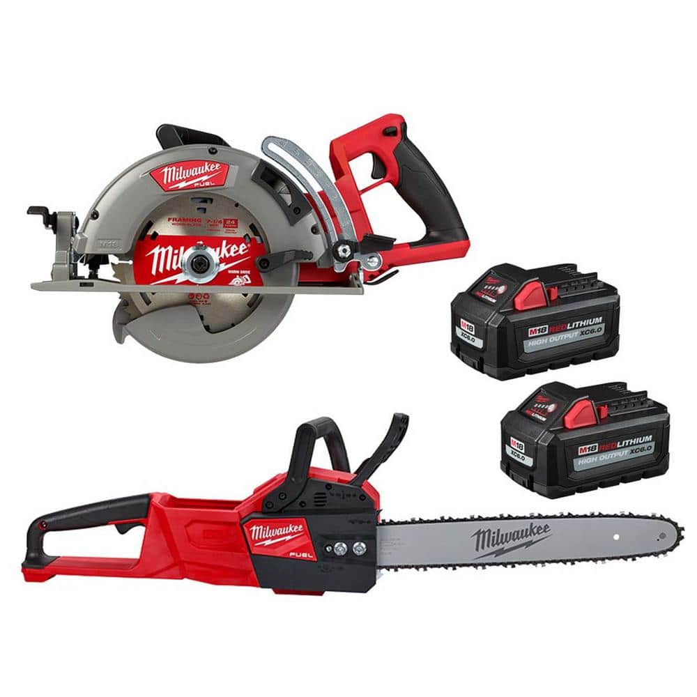 Milwaukee M18 FUEL 18V Lithium-Ion Cordless 7-1/4 in. Rear Handle Circ Saw  w/16 in. 18V FUEL Chainsaw, Two 6Ah HO Batteries 2830-20-2727-20-48-11-1862  The Home Depot