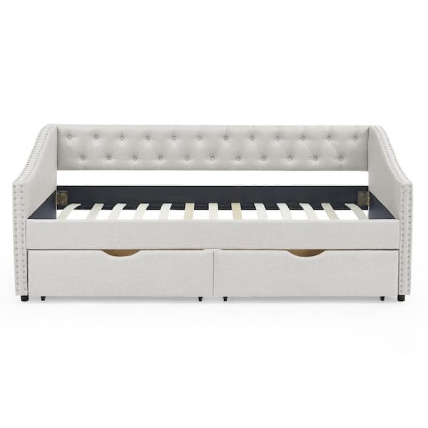 Angel Sar Beige Twin Size Daybed with Drawers Upholstered Tufted Sofa Bed with Button On Back and Copper Nail On Waved Shape Arms
