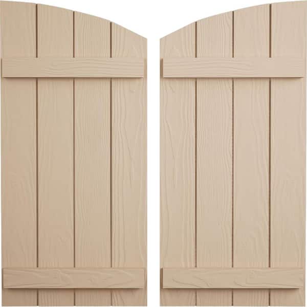 Ekena Millwork 22 in x 62 in Polyurethane Sandblasted Four Board Joined Board-n-Batten Elliptical Top Faux Wood Shutters Primed Tan