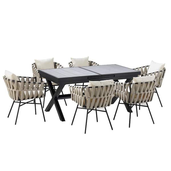 7-Piece Metal Frame Outdoor Dining Set with Plastic Wood Board Dining Table and Beige Cushions Chairs