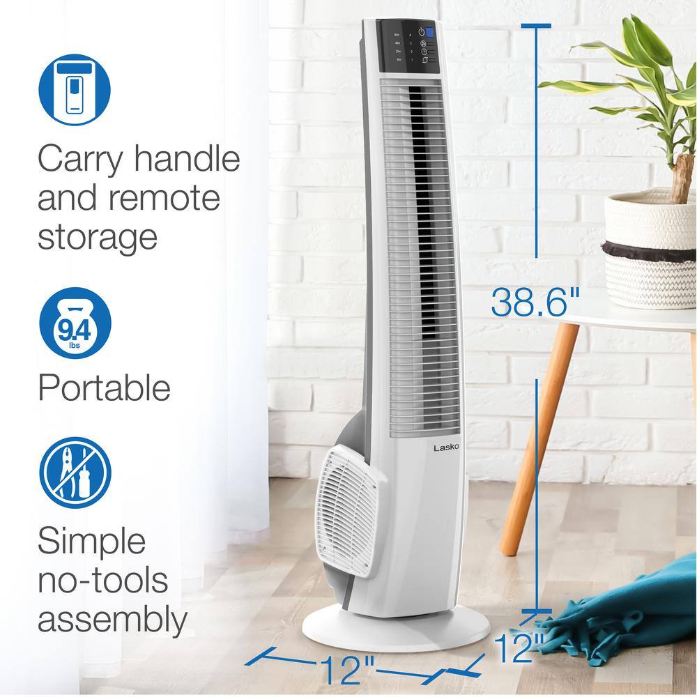 38" White Oscillating Tower Fan with Remote and Auto Shut-Off