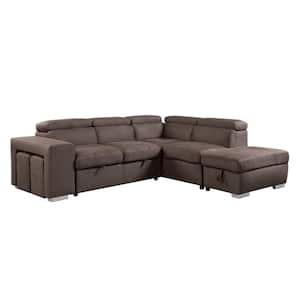 Acoose 103 in. W Fabric Sleeper Sectional Sofa in Brown with 2 Pullout Stools