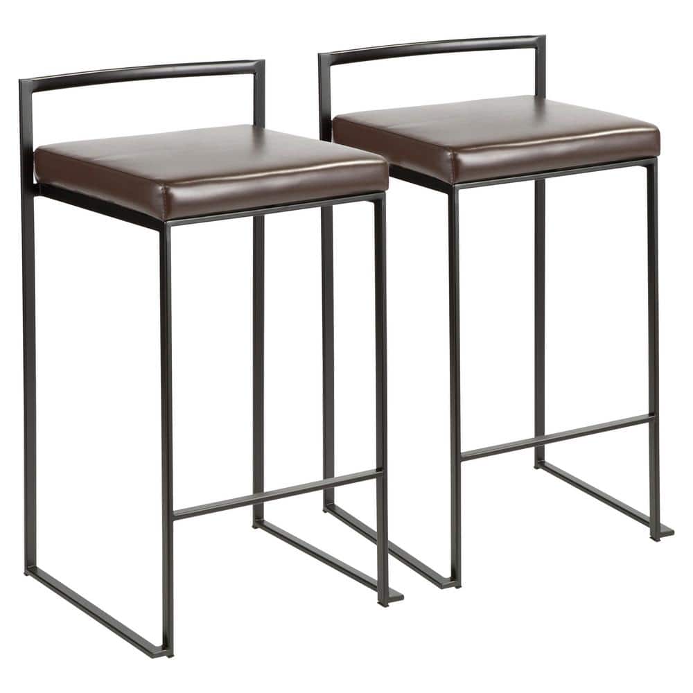Lumisource Fuji 26 in. Black Stackable Counter Stool with Brown Faux Leather Cushion (Set of 2