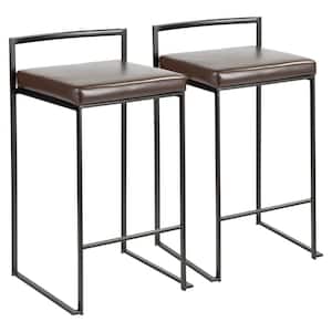 Fuji 26 in. Black Stackable Counter Stool with Brown Faux Leather Cushion (Set of 2)