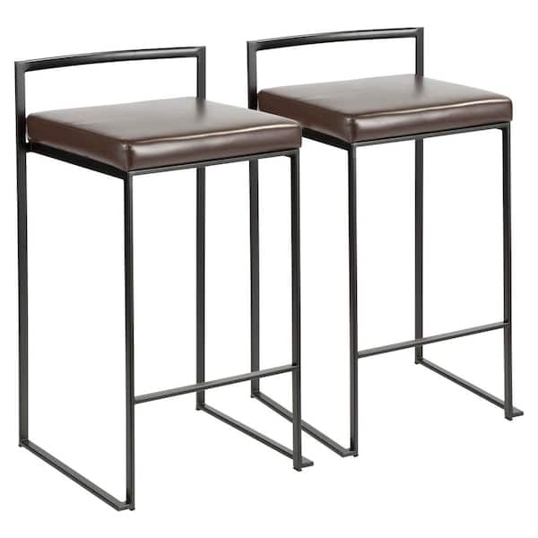 Lumisource Fuji 26 in. Black Stackable Counter Stool with Brown Faux Leather Cushion (Set of 2)