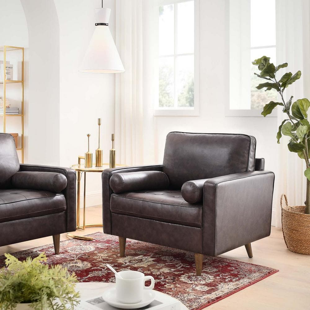 Brown Leather and Walnut Wood Mid-Century Accent Chair