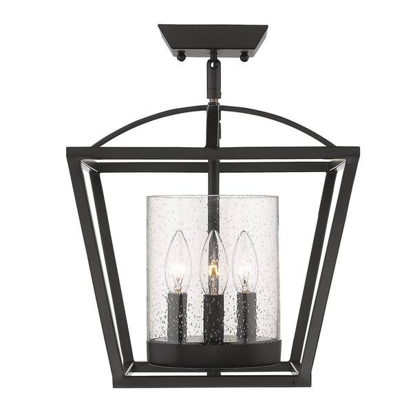 Golden Lighting - Mercer 3-Light Matte Black Mini Chandelier with Matte Black Accents and Seeded Glass