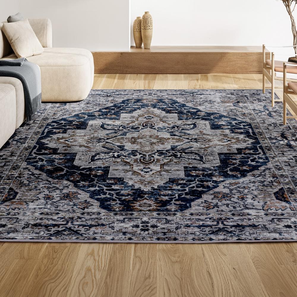 Didim Boho Navy and Light Gray 5x8 Washable Area Rug