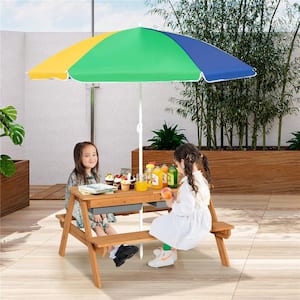 3-in-1 Kids Wooden Picnic Table Outdoor Sand and Water Table with Umbrella Play Boxes