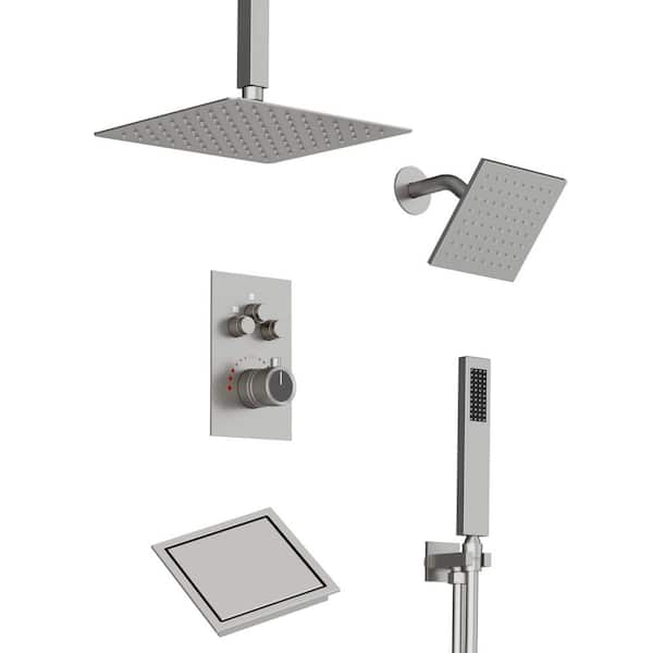 Thermostatic 7-Spray Square Dual Shower Head Ceiling Mount Shower System and Shower Drain in Brushed Nickel