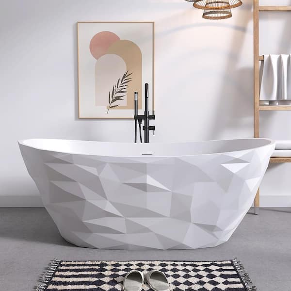 64 in. x 33 in. Solid Surface Stone Resin Flatbottom Freestanding Bathtub Soaking Bathtub in Matte White