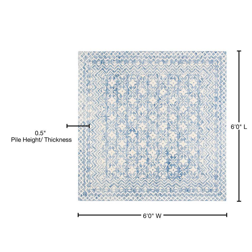 Handmade Blue Floral Tufted Wool Square Area Rug, 6' x 6'