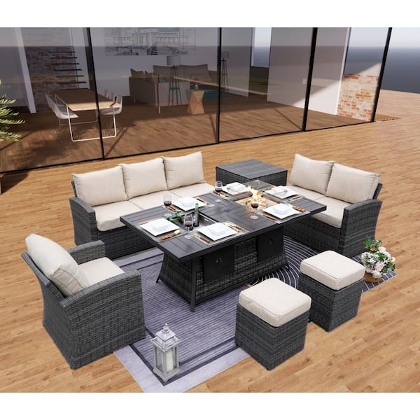 moda furnishings Lomax Gray 7-Piece Wicker Patio Fire Pit Conversation Sofa Set with Beige Cushions