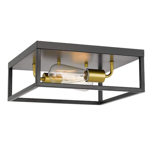 Worldwide Lighting Concord 12.75 in. x 12.75 in. x 5 in. 2-Light Black Frame with Painted Brass Socket Flush Mount