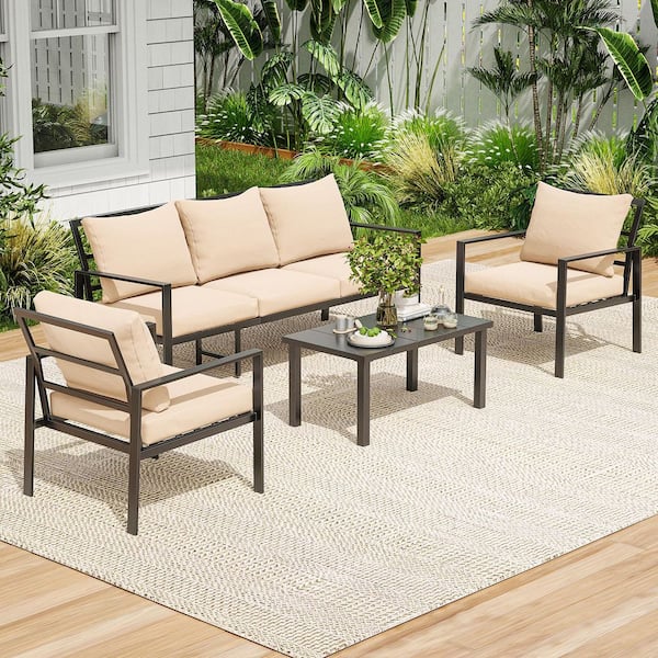 Outdoor Metal Patio Conversation Set with 2 Chairs, 3-Seater Sofa and Coffee Table, Rust-Resistant with Beige Cushions