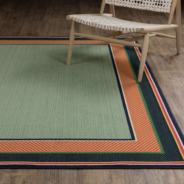 Hibiscus Green/Navy 8 ft. x 10 ft. Border Stripe Frame Polypropylene Indoor/Outdoor Area Rug