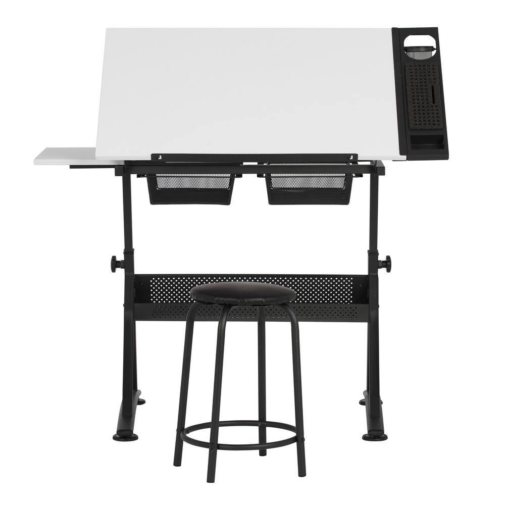 Adjustable White Metal Drafting Table with Storage Drawers