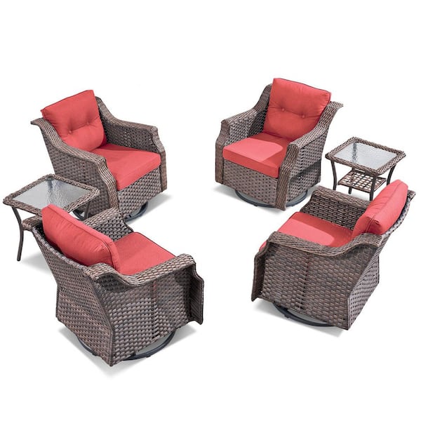 6-Piece Wicker Patio Conversation Set with Red Cushions, Ergonomics Outdoor Swivel Chair