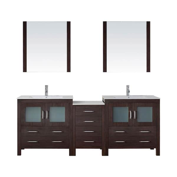 Virtu USA Dior 82 in. W Bath Vanity in Espresso with Ceramic Vanity Top in White with Square Basin and Mirror