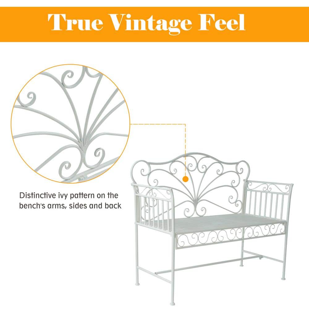 Cream White 43" Iron Two-Seater Garden Bench