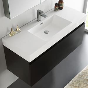 Mezzo 48 in. Vanity in Black with Acrylic Vanity Top in White with White Basin and Mirrored Medicine Cabinet