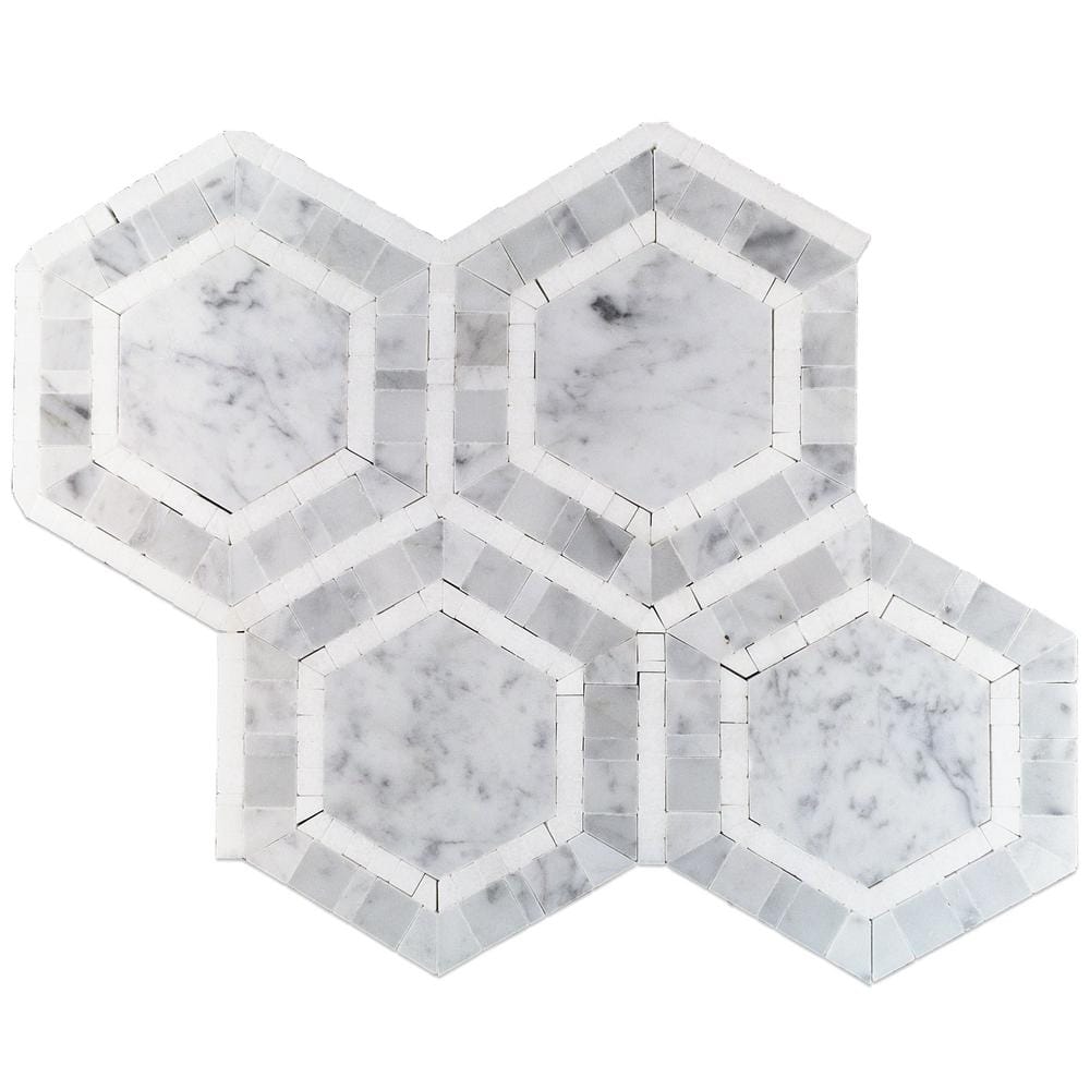 Carrara White and Black Marble Hexagon Mosaic Tile