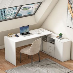 White L-Shaped MDF Computer/Writing Desk, with 2 Drawers, Open Shelves and Cabinet, 55.1 in. W x 29.4 in.H