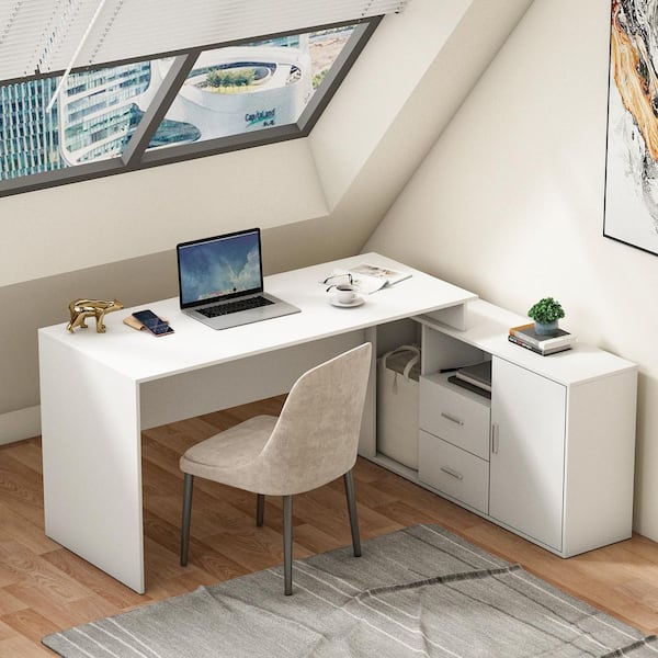 FUFU&GAGA 55.1" Wx29.4"H : White "L" Shape MDF Computer Desk with 2-Drawer, Open Shelves & Cabinet