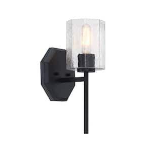 Haven 7 in. 1-Light Matte Black Wall Sconce Light with Clear Rippled Glass Shade for Bathrooms