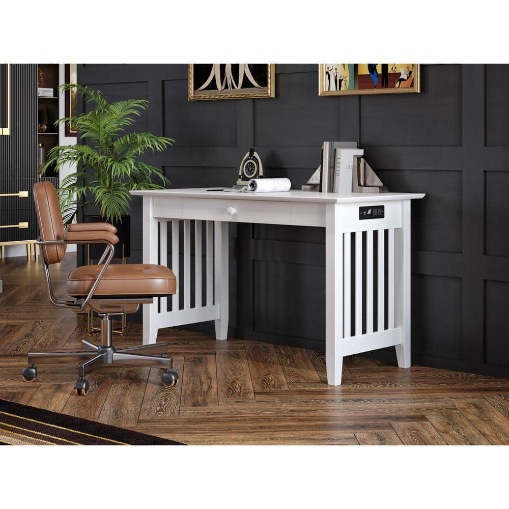 White Solid Wood Desk with Drawer, Power Outlet, and USB Port
