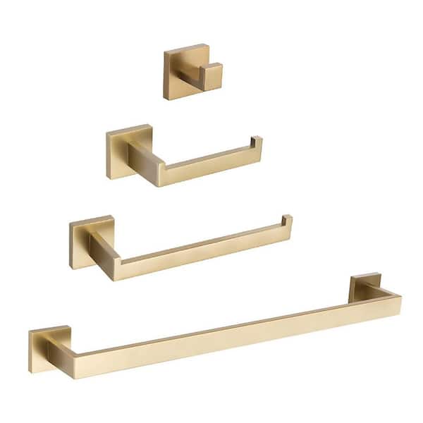 4-Piece Bath Hardware Set with Towel Bar Hand Towl Holder Toilet Paper Holder Towel Hook in Brushed Gold