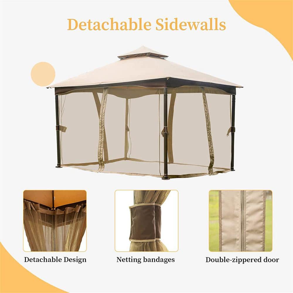 10' x 13' Beige Metal Frame Double Roof Patio Gazebo