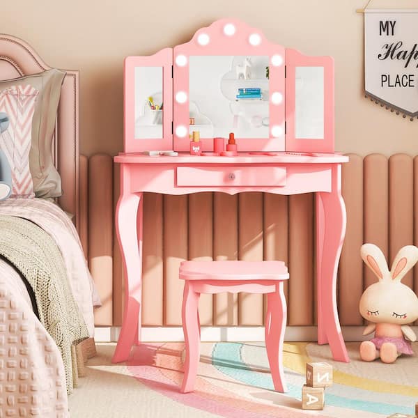 Kid Vanity Table Stool Set Tri-Folding Mirror Adjustable 3-Color LED Lights Pink 27.5 in. Dresser with Mirror