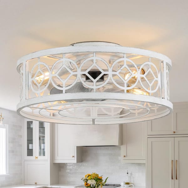 Oaks Aura 12 in. Span 20 in. Farmhouse Indoor Distressed White Ceiling Fan with Lights, Rustic Flush Mount Fan Lights w/Remote