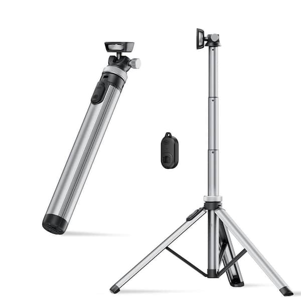 Silver 62 in. Phone Tripod, Extendable Phone Tripod Stand and Travel Tripod with Remote