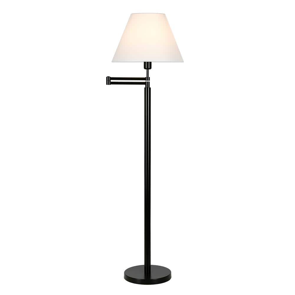 Blackened Bronze Adjustable Swing Arm Floor Lamp with White Shade