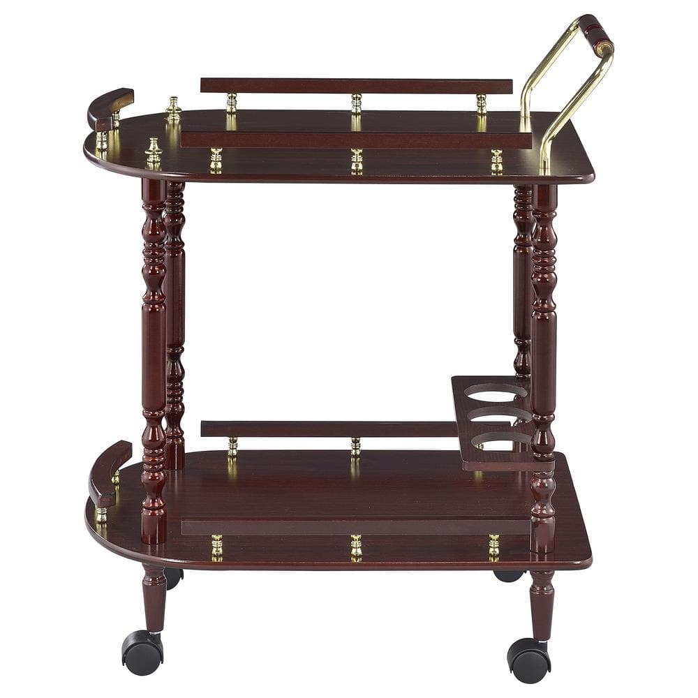 Elegant Merlot and Brass Round Serving Cart with Wine Storage