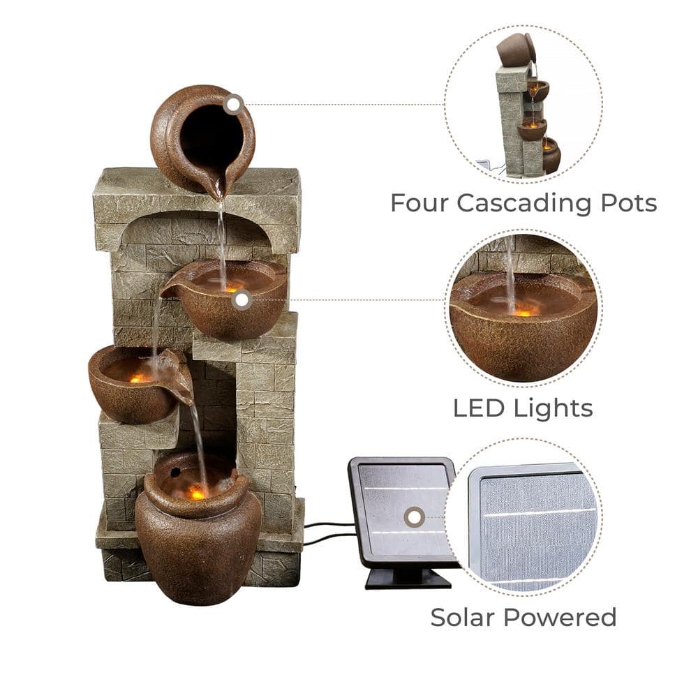 28.5" Brown Stone-Look Solar Powered 4-Tier Water Fountain