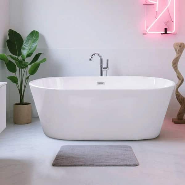 59 in. x 31.2 in. Acrylic Flatbottom Freestanding Soaking Bathtub with Drain and Overflow in Gloss White
