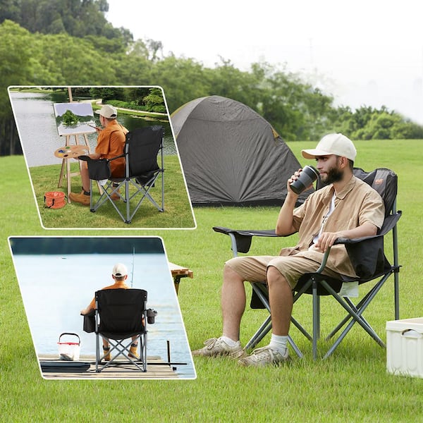 VEVOR Camping Folding Chair for Adults Portable Heavy Duty Outdoor Quad Lumbar Back Padded Arm Chairs with Side Pockets Cup Holder & Cooler Bag Black