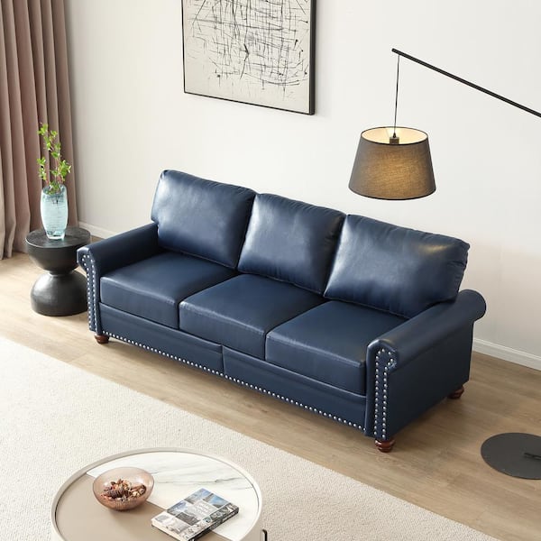 Harper & Bright Designs 82.7 in. Round Arm Faux Leather Rectangle Storage Nails Sofa in. Navy Blue