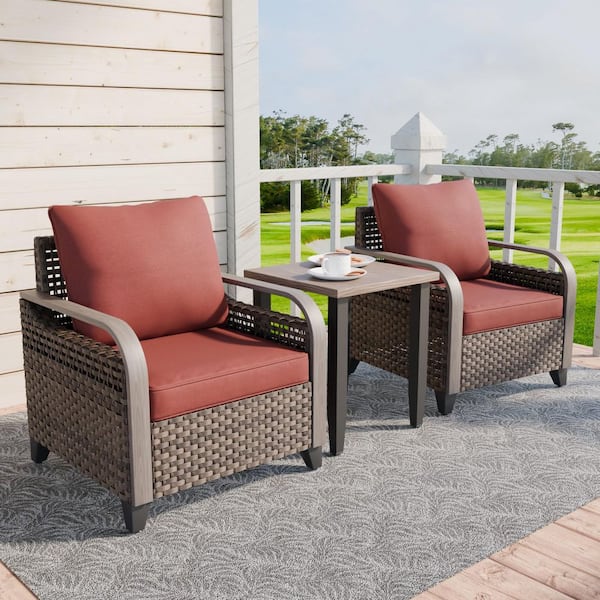 3-Piece Brown Wicker Outdoor Patio Conversation Set Lounge Chair Set with Red Cushions and Wood Grain Top Side Table